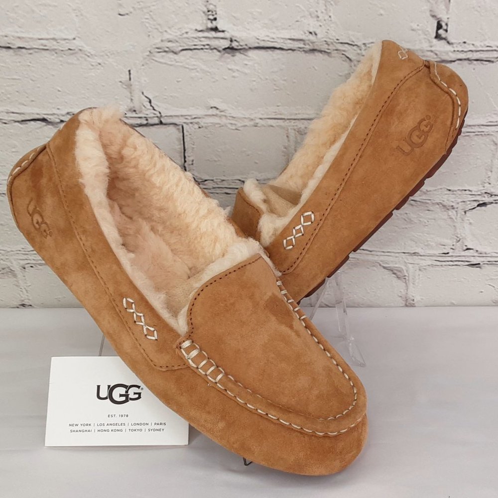 UGG 'ANSLEY' SHEARLING WOOL MOCCOSIAN SLIPPERS 'RICH CHESNUT' SUEDE